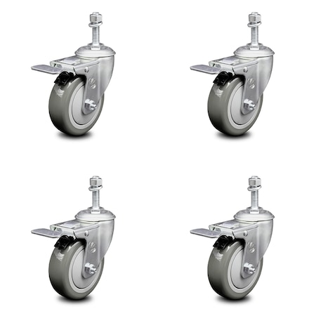 Service Caster 4 Inch Gray Polyurethane Swivel 10mm Stem Caster Set with Total Lock Brake SCC-TSTTL20S414-PPUB-M1015-4